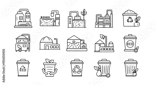 Set of 15 black and white line vector icons depicting bio-energy, recycling, waste management, and sustainable industry processes for eco-friendly design projects isolated PNG with Transparent