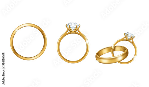 A set of golden wedding rings with diamonds on a white background