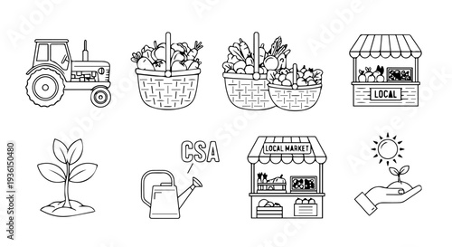 Set of 8 Outline Farm and Local Market Vector Icons: Tractor, Produce Baskets, Market Stalls, Seedling, Watering Can, and Hand Holding Plant isolated PNG with Transparent Background