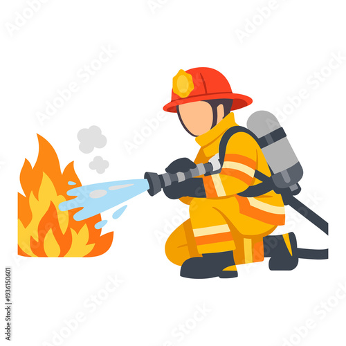 Firefighter spraying water on fire flat vector illustration
