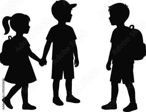 Silhouette of three school children with backpacks walking together kids friendship education concept black silhouette isolated on white background illustration