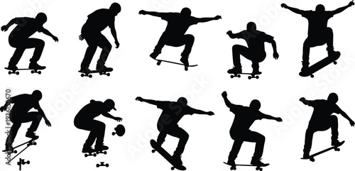 Skateboarder silhouette set performing tricks jumping skateboarding action extreme sport skater collection isolated on white background vector illustration