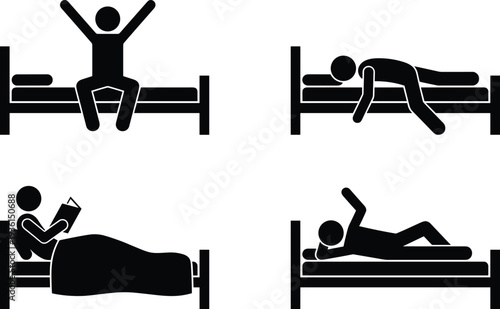sleep routine silhouette icons, person in bed poses set, waking sleeping reading resting positions, bedroom lifestyle concept, isolated vector