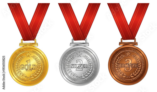 A vector graphic illustration of gold, silver, and bronze medals with red ribbons