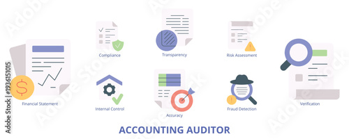 Accounting Auditor Flat Banner Web Icon Set Vector Illustration