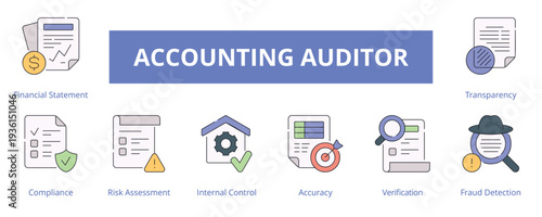 Accounting Auditor Lineal Color Banner Web Icon Set Vector Illustration