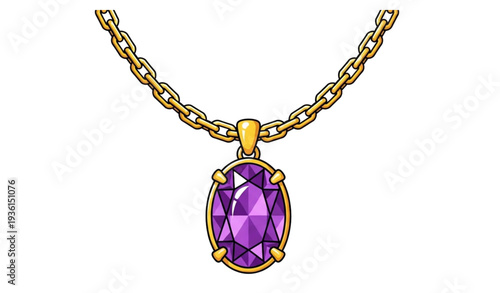A gold chain necklace with a large purple gemstone pendant