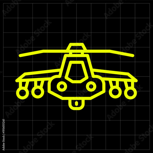 Military Attack Helicopter Icon with Missiles for Tactical Air Force Combat Operations. Sleek neon outline of a combat gunship helicopter equipped with weaponry for defense technology interfaces