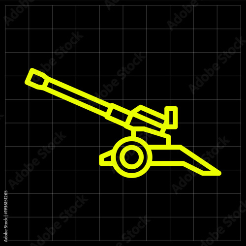 Heavy Artillery Cannon Icon for Long Range Military Defense and Tactical Warfare. Minimalist neon yellow line art of a field howitzer for military strategy games or defense industry graphics