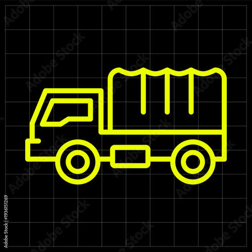 Military Personnel Carrier Truck Icon for Army Troop Transport and Logistics Support. Creative neon yellow line art of a military transport truck for logistics, army mission icons, or defense apps
