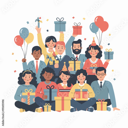 Diverse Group of People Celebrating with Gifts and Balloons.