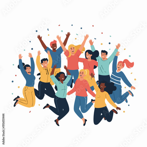 Diverse Group of People Joyfully Jumping Together.