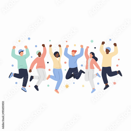 Diverse group of people jumping with joy and confetti.