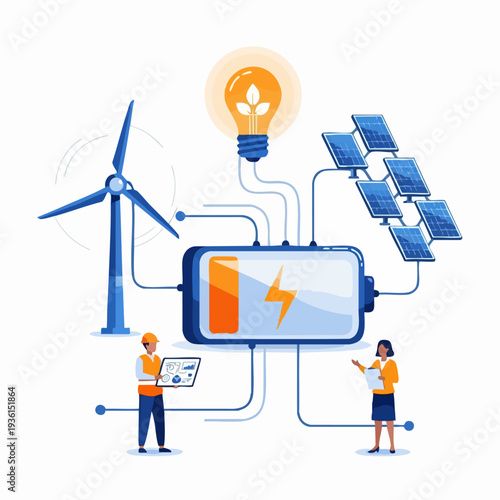 Renewable energy sources powering a battery and light bulb.