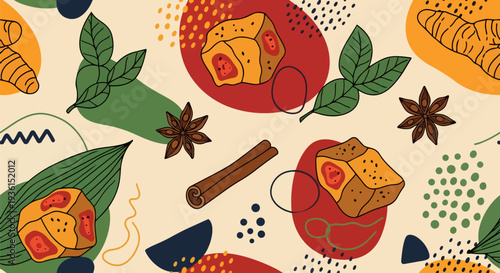 Decorative Culinary Texture: Abstract Geometric Pattern with Star Anise, Cinnamon, and Turmeric