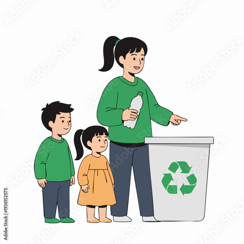 Woman and children recycling plastic bottle into bin.