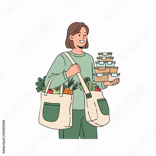 Woman carrying reusable bags filled with fresh groceries and meal prep containers.