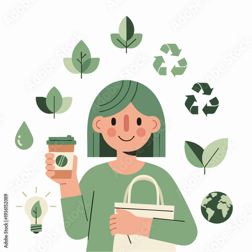 Woman holding coffee cup and reusable bag with eco symbols.
