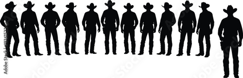cowboy silhouettes set, western cowboy standing poses, wild west gunslinger characters, rodeo ranch cowboy collection vector illustration