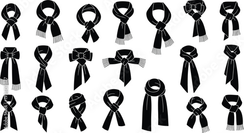 Winter scarf silhouettes set, different tied scarf styles collection, fashion neck scarf accessories icons, clothing design vector illustration