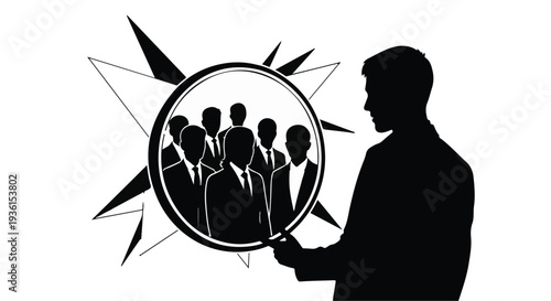 Businessman analyzing team performance with magnifying glass