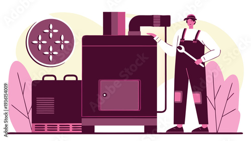 A service technician holding a large wrench stands beside a dark purple industrial furnace in a room decorated with pink stylized leaf shapes.
