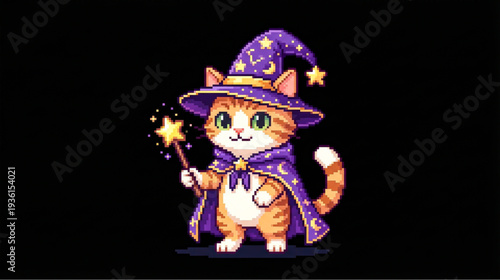 Cute Pixel Art Cat Wearing Purple Wizard Hat and Cape Holding Magic Wand