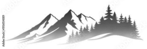 Mountain landscape with forest, halftone dots, fading dot effect, vector design