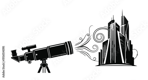 telescope looking at city skyline skyscrapers