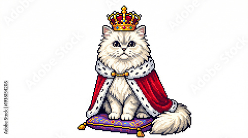 Royal Persian King Cat Wearing Golden Crown and Red Velvet Cape on Cushion
