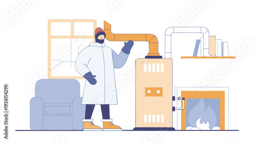 A person wearing a white winter coat and blue mittens stands in a living room next to a heater with a fireplace and armchair nearby.