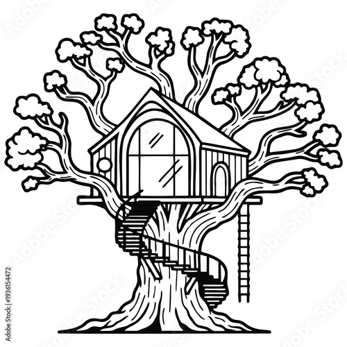 Treehouse drawing features a whimsical design complete with a spiral staircase and a wooden ladder ascending to the charming structure built into a large sturdy tree