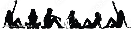 people sitting silhouettes set, relaxed youth sitting poses, casual men women silhouettes, lifestyle people vector illustration collection