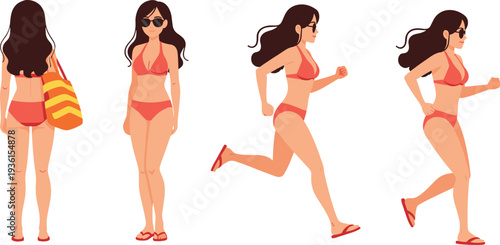 Young woman in bikini walking and running on beach, summer vacation female character isolated on white background vector illustration