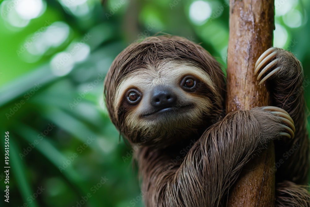 Fototapeta premium Sloth holding onto a wet tree trunk, looking at the camera with large dark eyes in its natural jungle environment