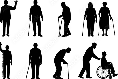 Elderly people silhouettes collection with senior men and women walking with cane and wheelchair assistance, aging population and healthcare support concept
