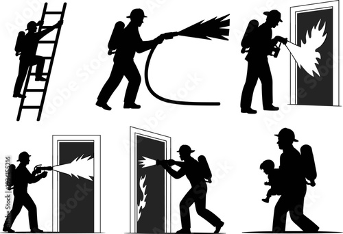 Firefighter silhouettes collection with firemen climbing ladder, spraying water hose, extinguishing house fire and rescuing child, emergency rescue service illustration isolated on white