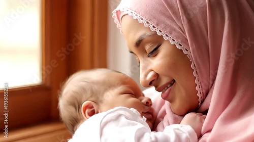 Mother wearing a hijab smiles lovingly while holding her sleeping newborn baby indoors near a window.