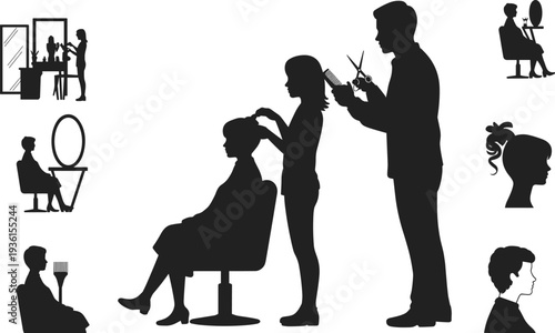 Hair salon and hairstylist silhouettes collection with professional hairdressers cutting and styling client hair, beauty salon service illustration set isolated on white background