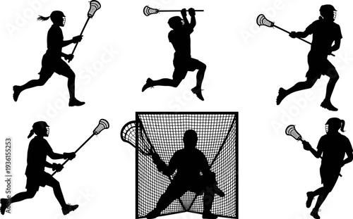 Lacrosse players silhouettes collection with athletes running, passing and goalie defending net, professional team sport action illustration isolated on white backgroundv
