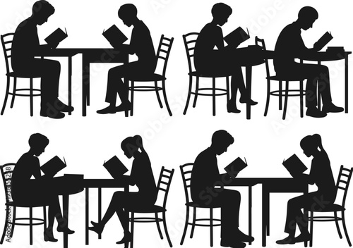 People reading books at table silhouette collection, students studying and learning in library or cafe, education concept, readers sitting with books isolated
