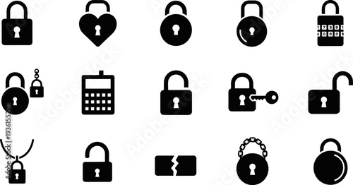 Security lock icons vector illustration set, padlock password safety symbols, cyber protection access control elements, privacy secure technology design collection