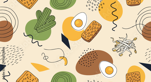 Vegetable Salad with Peanut Sauce Pattern: Abstract Geometric Texture with Tofu and Egg