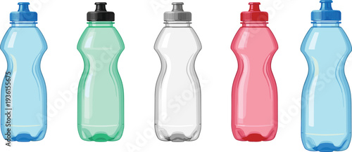 plastic water bottle set, reusable drink bottles collection, colorful sport hydration containers, beverage packaging vector illustration design