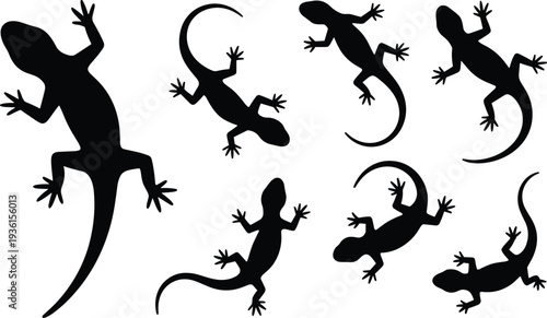 Set of black gecko lizard silhouette vector illustrations, reptile animal icons collection for wildlife design, nature symbol, tropical decoration, wall art
