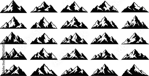 Set of black mountain peak and rock silhouettes, featuring various sharp alpine and rocky landscape designs, outdoor nature vector illustration collection