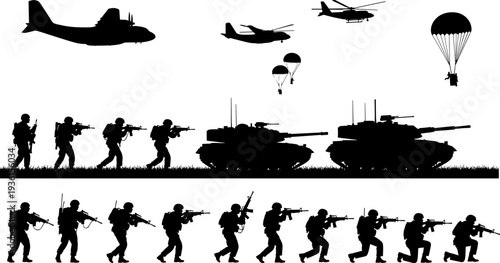 Set of black military silhouettes showing armed soldiers walking and kneeling, supported by combat tanks, transport aircraft, a helicopter, and parachute drops, vector graphic.