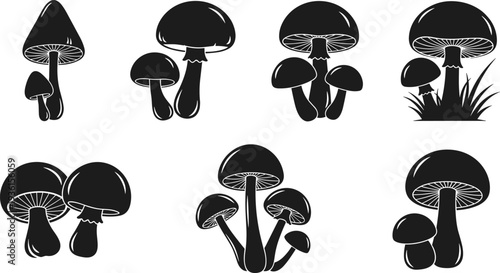 Set of black mushroom silhouettes vector collection illustrating various fungi types, representing nature, forest elements, harvest, poisonous, and organic food icons.