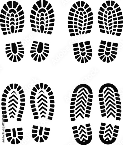 Set of black shoe footprint silhouette vector icons, hiking boot sole patterns, walking trail marks, footwear track design isolated on white background