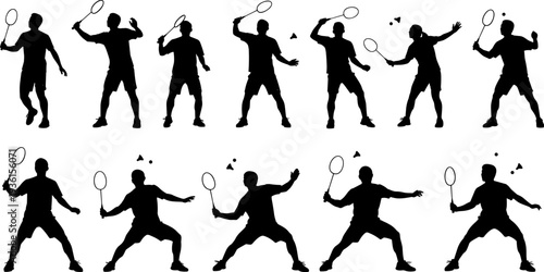 Set of black vector silhouettes featuring male badminton players in various action poses, hitting shuttlecocks with rackets, representing sport, fitness, competition, and dynamic athletic movement